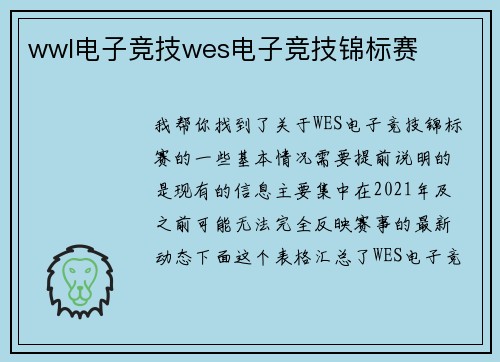wwl电子竞技wes电子竞技锦标赛